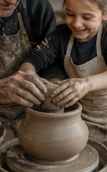 Two pairs of hands centring clay on a throwing wheel