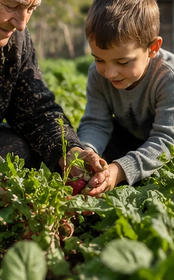 Hands among the leaves of a vegetable bed