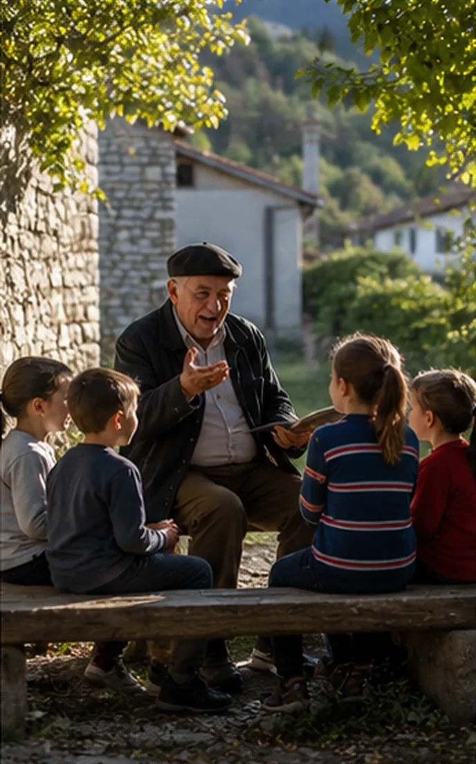 An older man telling a story to a group of children on a bench outside