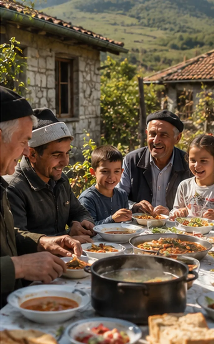 Three generations sharing a meal at a long table outside a stone house